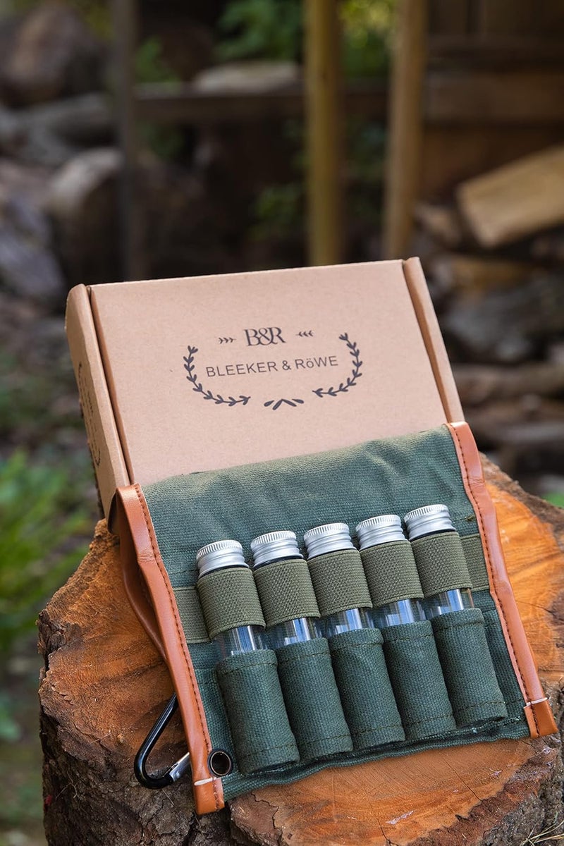 BLEEKER RWE Bushcraft Camping Spice Kit Portable with Glass Jars, Funnel and Carabiner Great for Backpack and Travel Glamping Camping Gifts - Image 1